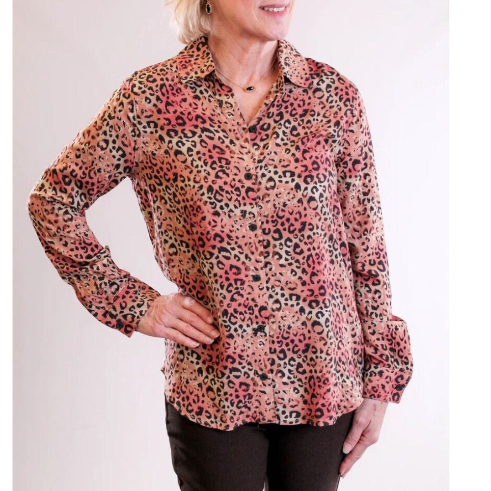 Casa Cabana Sustainfab shirt womens XS brown cheetah C2W23020RG rayon button $48